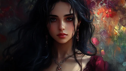 Dark haired woman portrait against abstract floral background.