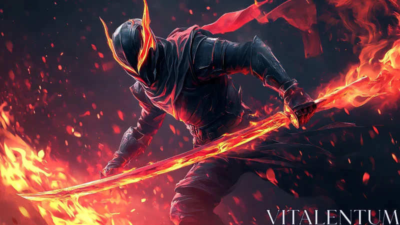 Flame-wreathed armored warrior brandishing incandescent katana
