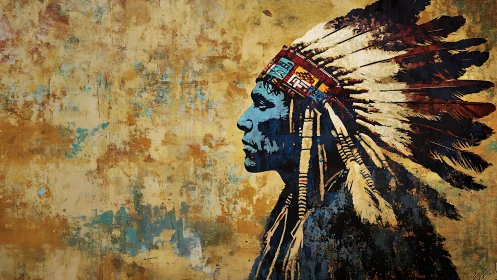 Profile portrait of headdressed figure on textured ground.