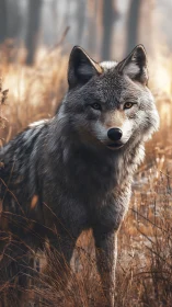 Grey wolf standing alert in warm autumn forest grasses.