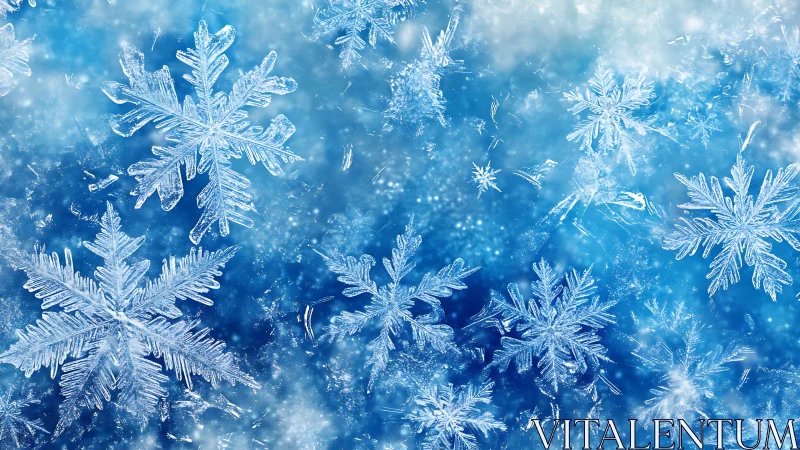Macro crystalline snowflakes on luminous icy blue background