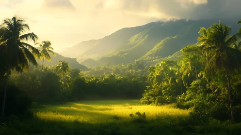 Sunlit jungle hollow cradling a glowing emerald meadow.