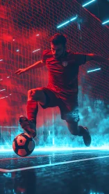 Dynamic soccer striker in neon-lit arena with high contrast lighting