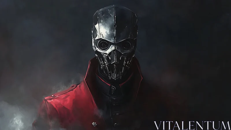 Steel masked enigma in crimson coat haunts the smoky void.