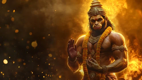 Radiant warrior deity stands amid blazing golden firelight.