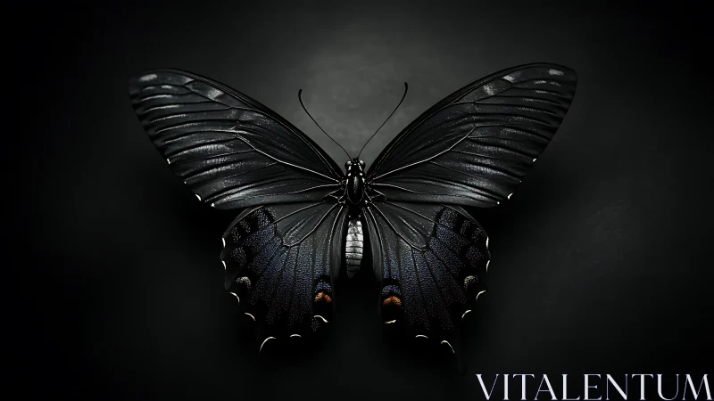 Black butterfly rests centered on dark gradient background