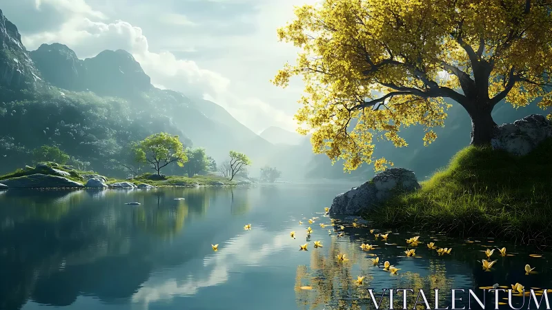 Luminous lakeside tree with volumetric light and calm reflections.