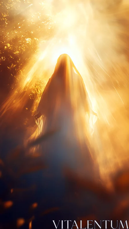Radiant robed figure ascending through blazing golden light.