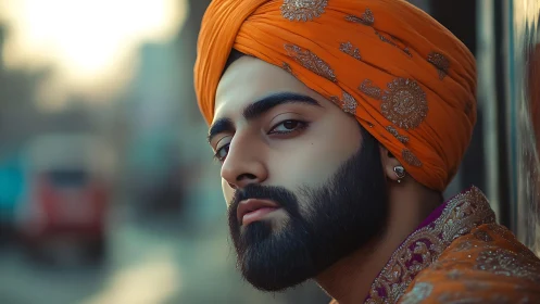 Regal portrait of turbaned man in warm evening bokeh light.
