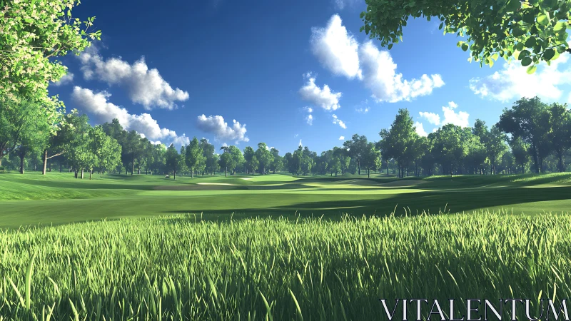 Sunlit golf fairway with lush rough grass and bright foliage.
