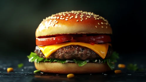 High-contrast cheeseburger close-up with glossy lighting and bokeh
