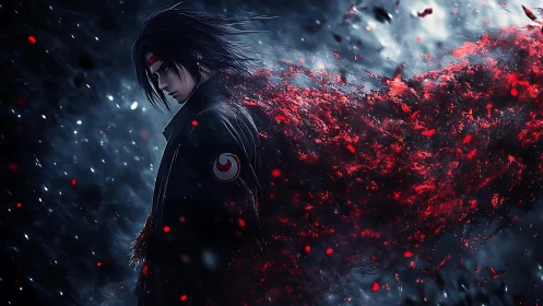 Solitary anime warrior dissolving into red embers.