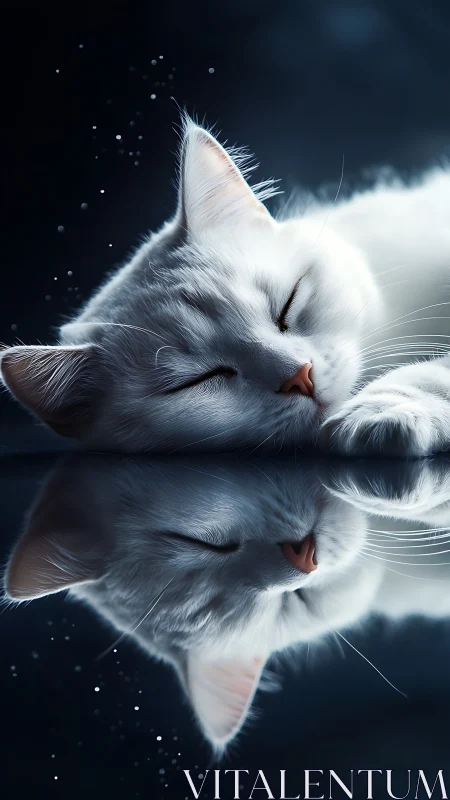 White cat's serene profile with reflection and bokeh particles.