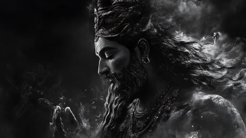 Serene divine figure in swirling smoke and gentle moonlight.