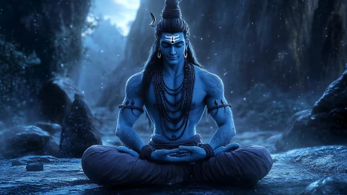 Lord Shiva in tranquil Himalayan meditation at nightfall.