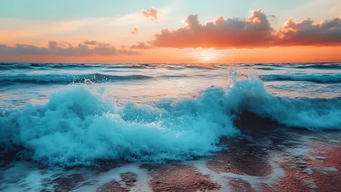 Breaking turquoise waves move toward shore at vivid sunset