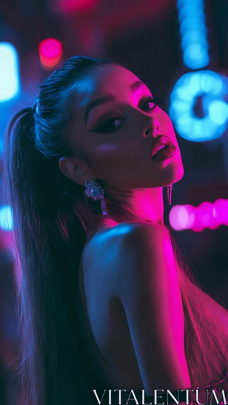 Neon-lit portrait of woman in side profile at night.