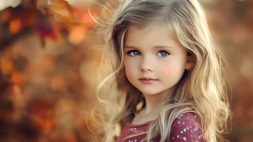 Young girl with blonde wavy hair in autumn setting.
