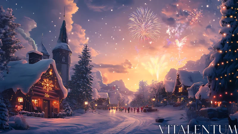 Snow-dusted village street sings under glittering fireworks