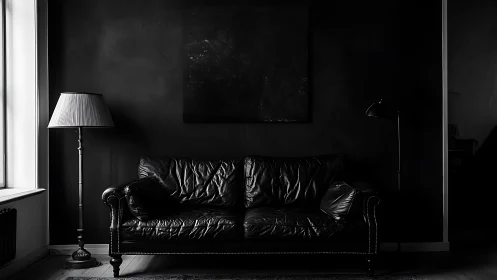 Dark leather sofa anchors monochrome minimalist living room