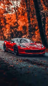 Red sports car on forest road with vivid autumn foliage.
