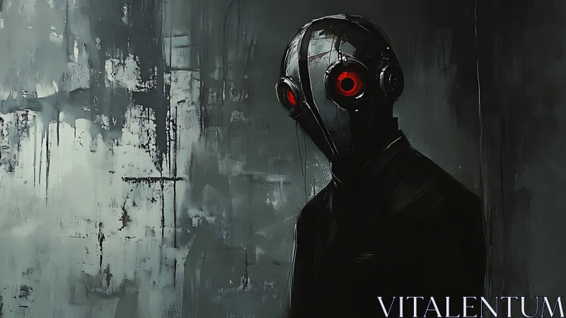 Red‑eyed android watches from a dark, industrial void
