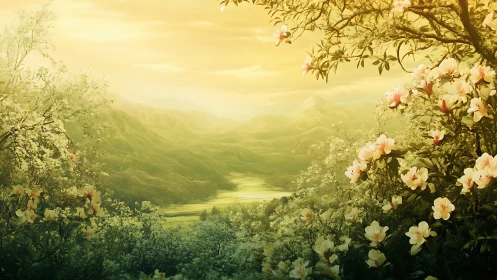 Sunlit valley landscape framed by blooming flowers.