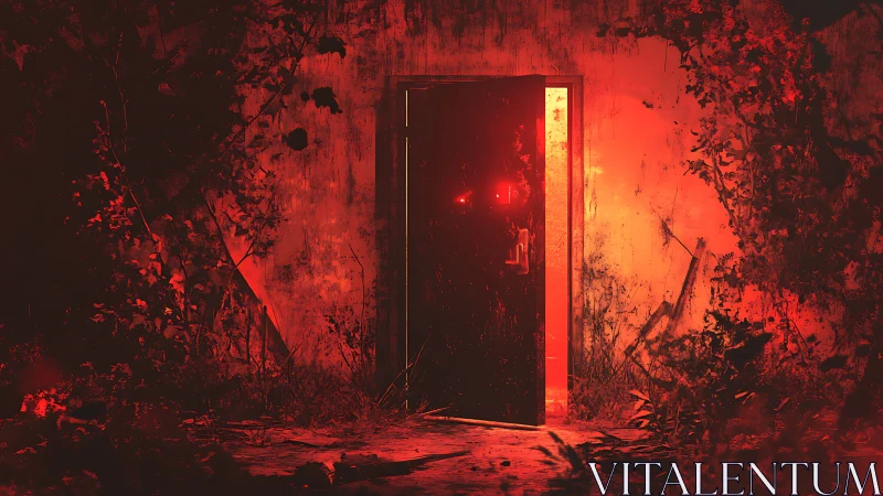Red-lit mystery doorway glowing in an overgrown ruin.