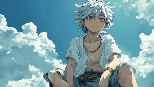 White haired anime boy sitting under bright summer sky.
