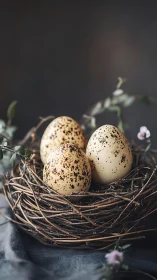 Speckled woodland eggs cradled in a storybook twig nest.