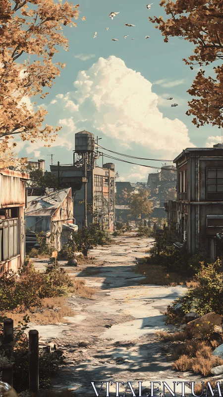 Abandoned rural street under warm autumn light and sky.