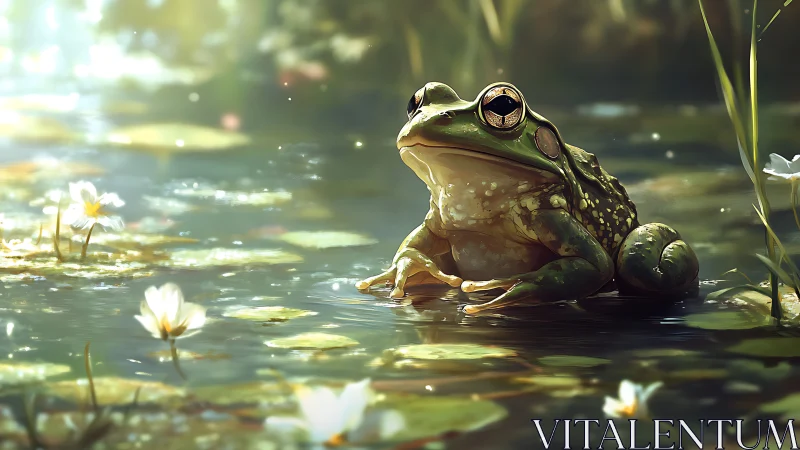 Golden-eyed pond frog basking in dreamy morning light.