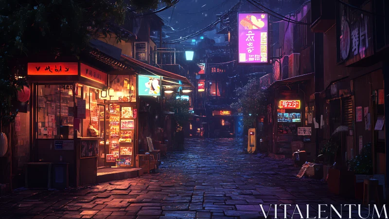 Neon washed alleyway glows softly after gentle evening rain