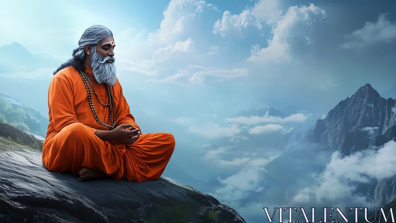 Himalayan yogi in deep meditation over cloudlit peaks.
