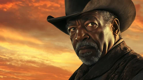 Older cowboy portrait against orange sunset sky background.