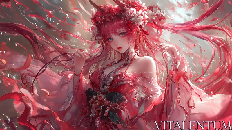 Crimson floral spirit in dynamic ribbon-swept kimono composition.