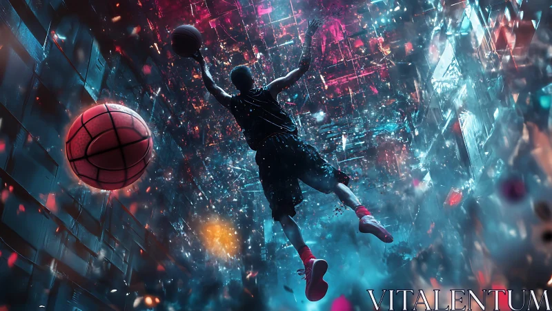 Cyberpunk basketball dunk in glowing digital alleyway.