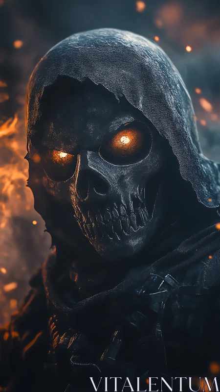 Hooded skeletal wraith with molten ember eyes in firelit haze