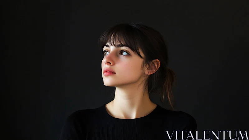 Quiet gaze toward distant light in a soft black portrait.