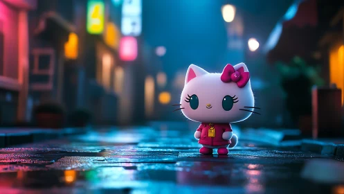 Tiny night cat strolls through neon-lit rainy side street.