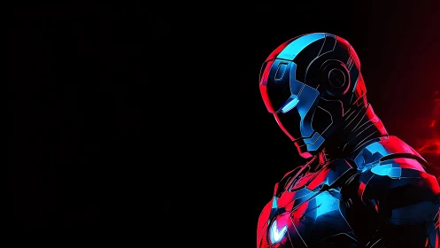 Neon armored hero profile under deep black negative space
