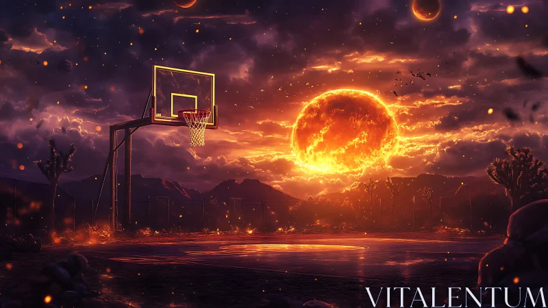 Solar storm horizon over deserted neon-lit court.