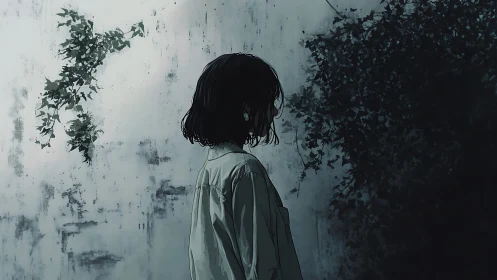 Side profile of solitary figure against ivy covered wall.