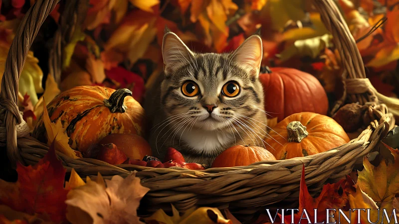 Tabby cat positioned in autumn harvest basket arrangement.