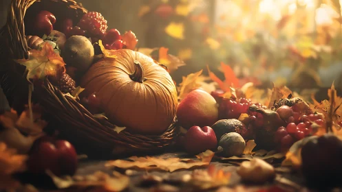 Harvest cornucopia with pumpkin, fruit, and autumn leaves.