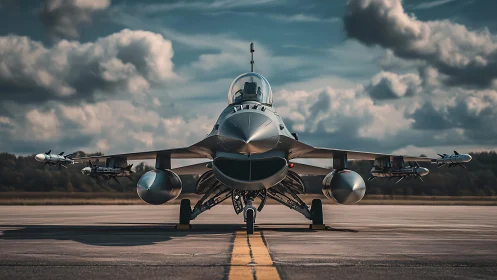 Modern fighter jet readies for action on dramatic runway.