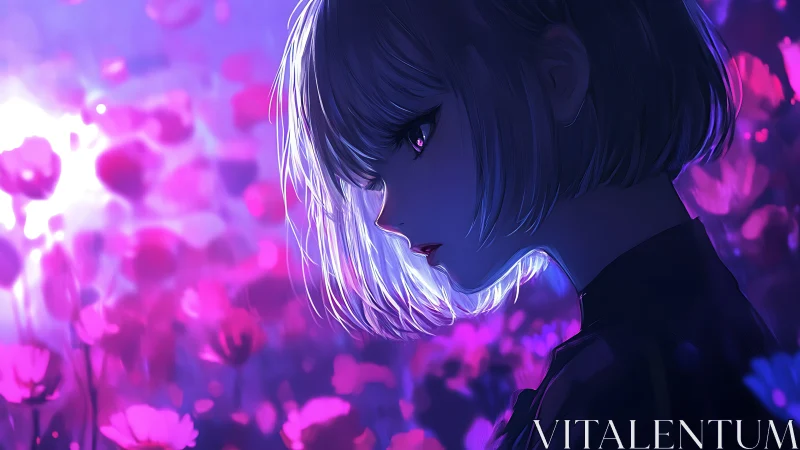 Quiet girl in glowing neon blossoms at twilight.