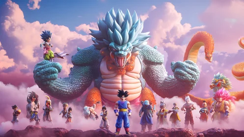 Colossal dragon warrior standoff in vivid fantasy skyscape.