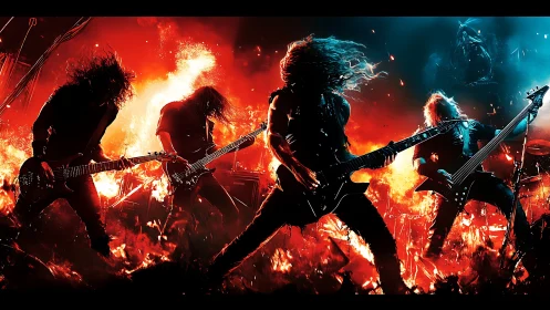 Fiery rock band shredding guitars in a blazing stage inferno.