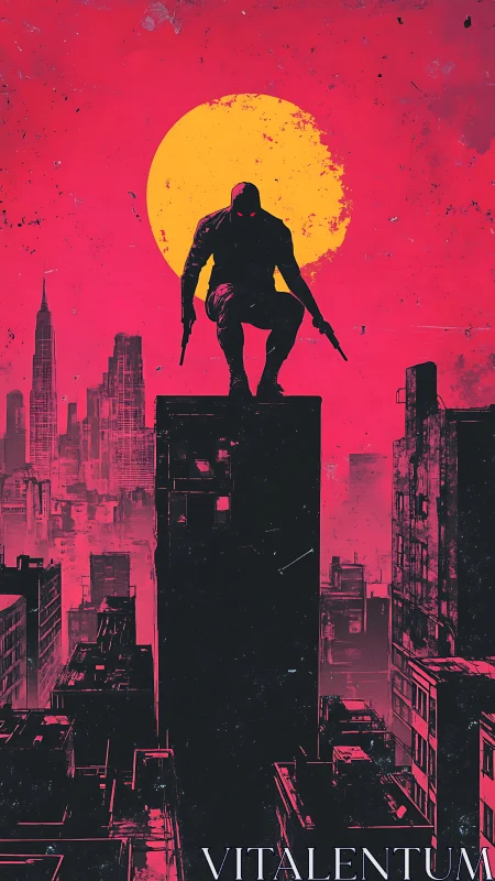 Silhouetted vigilante crouches over neon city under oversized sun